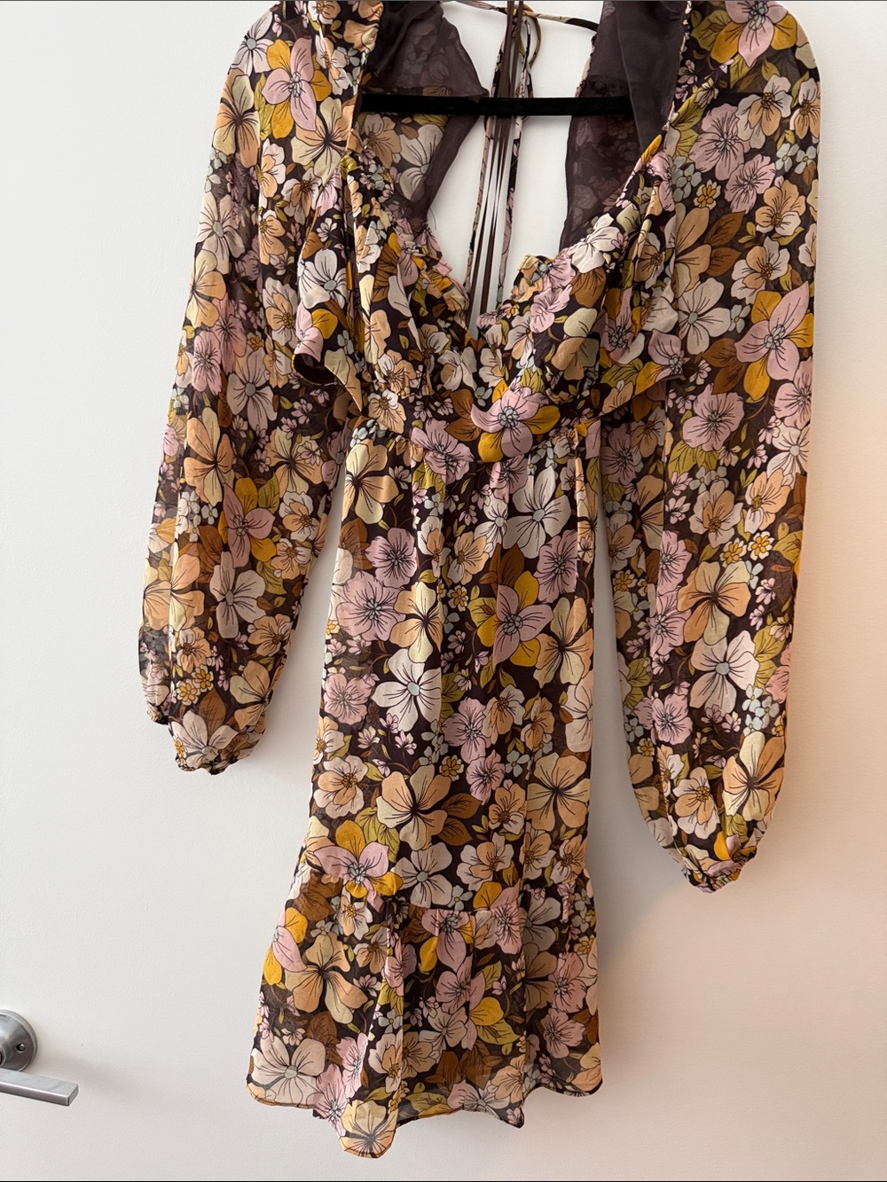 Astr Floral Long-Sleeve Mini Dress in Brown, Pink, Yellow